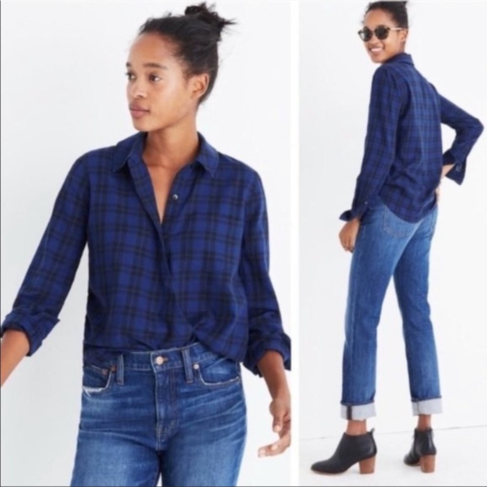Madewell Blue Plaid Surplice Long Sleeve Blouse